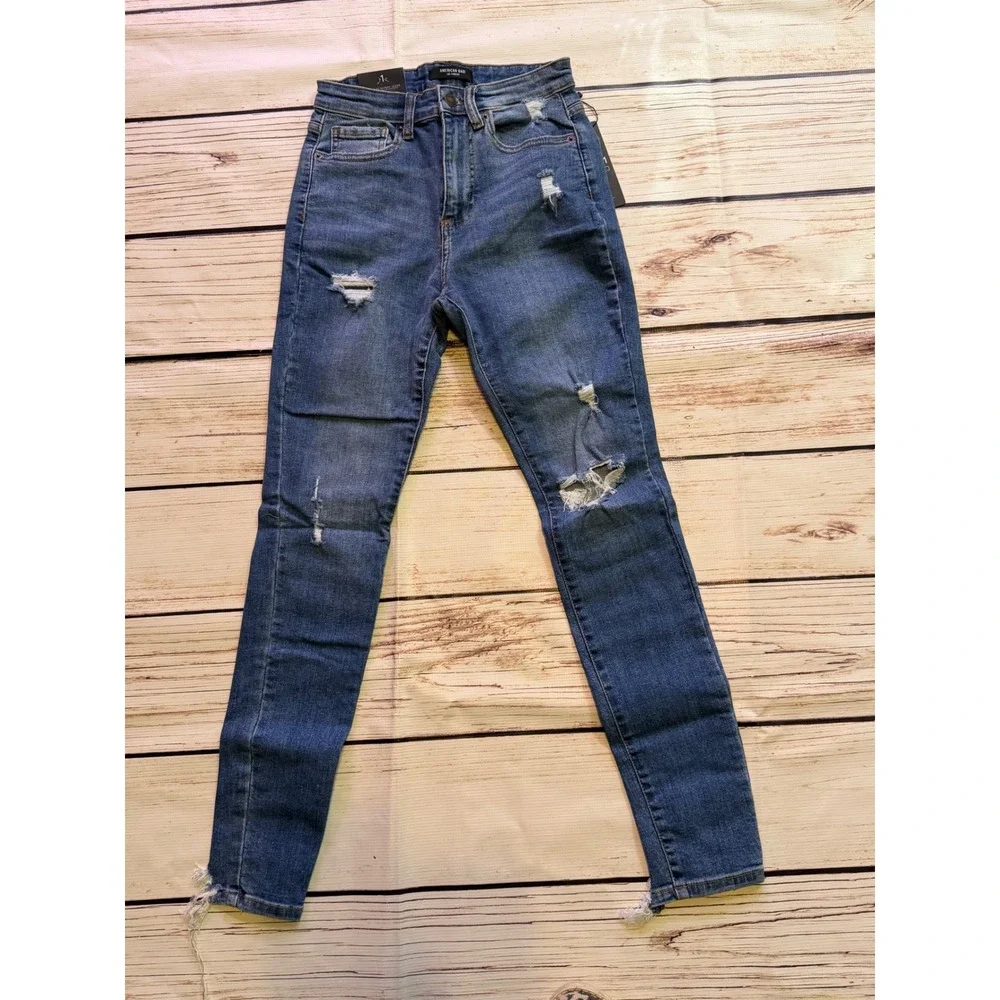 American Bazi High Rise Skinny Jeans Distressed Frayed Hem‎ Blue Denim Women